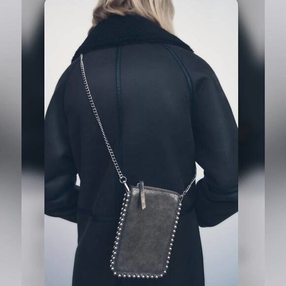 Zara GRAY STUDDED CELL PHONE BAG - Picture 1 of 10